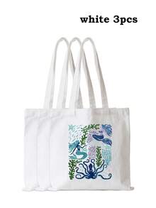 海洋生物印花帆布手提袋，轻便可重复使用，适合泳池度假日常必备 - 彩色 - 查看 15