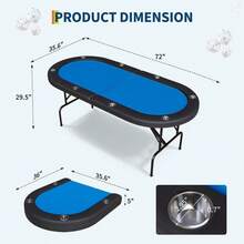 Mesa de póquer plegable para 8 jugadores, mesa de casino Texas Holdem de 72 pulgadas con barandillas acolchadas y portavasos, mesa de juego plegable portátil para el hogar o la sala de juegos. - Color: ribete negro + azul - Ver 2