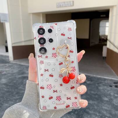 （DIY吊坠）樱桃/星星/蝴蝶结/插画+金属心形樱桃吊坠，透明四角防摔手机壳系列，适用于 17 Pro Max/16/15/14/13/12/11、S22/23/24/S25/S26、A04/A05/A14/A15/A24/A25/A34/A54、SA56/A36/A26、荣耀400/X67899876abc、Note 14/13/12。
