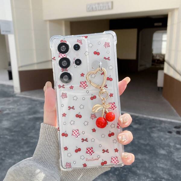 （DIY吊坠）樱桃/星星/蝴蝶结/插画+金属心形樱桃吊坠，透明四角防摔手机壳系列，适用于 17 Pro Max/16/15/14/13/12/11、S22/23/24/S25/S26、A04/A05/A14/A15/A24/A25/A34/A54、SA56/A36/A26、荣耀400/X67899876abc、Note 14/13/12。