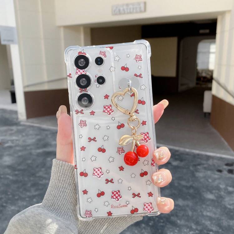 （DIY吊坠）樱桃/星星/蝴蝶结/插画+金属心形樱桃吊坠，透明四角防摔手机壳系列，适用于 17 Pro Max/16/15/14/13/12/11、S22/23/24/S25/S26、A04/A05/A14/A15/A24/A25/A34/A54、SA56/A36/A26、荣耀400/X67899876abc、Note 14/13/12。 - 無色 - 查看 1