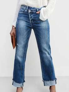 Quần jeans nữ ARWY dáng suông, ôm vừa vặn, thoải mái, điểm nhấn là họa tiết râu mèo, chất liệu denim co giãn vừa phải, nhẹ, cài nút và khóa kéo, thiết kế dài phù hợp mặc hàng ngày vào mùa xuân. - Rửa tối - Xem 3