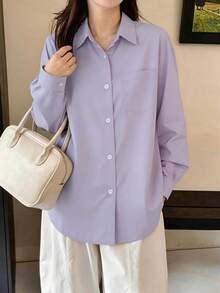 French Healing Lavender Loose Long Sleeve Shirt For Women: Low-Saturated Gentle Style, Relaxed Fit With Air-Feel Balance, Matte Textured Fabric For Effortless Chic In Work And Casual Settings, H-Line, Single Pocket Spring - Mauve Purple - View 5
