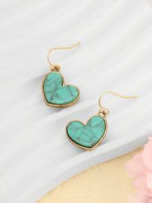 1 Pair Retro Western Style Turquoise Heart Dangle Earrings, Suitable For Summer Daily Wear - Love Heart - View 4