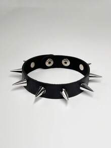 1/9 piezas Pulsera de cuero negro con remaches de estilo punk, brazalete de metal, muñequera unisex - Multicolor - Ver 14