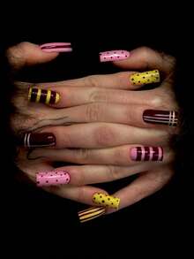 24pcs Rectangular Acrylic Nail Art Stickers - "Dopamine" Color Block Polka Dot Design With Pink, Brown And Yellow Stripes, Multipurpose Set. Reusable Detachable False Nails Suitable For Daily Wear And Parties. Includes Gel Stickers (1 Sheet) And Nail File (1 Pc) - Multicolor - View 1