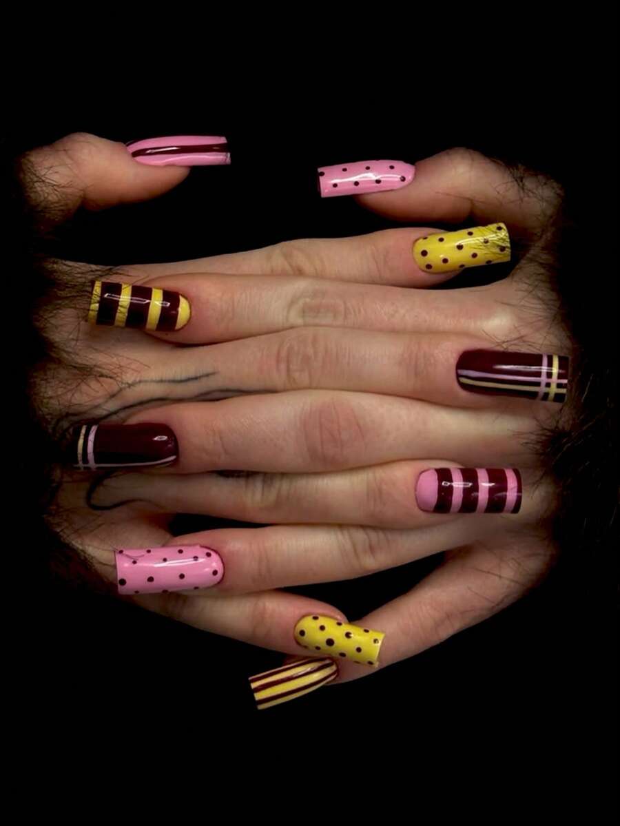 24pcs Rectangular Acrylic Nail Art Stickers - "Dopamine" Color Block Polka Dot Design With Pink, Brown And Yellow Stripes, Multipurpose Set. Reusable Detachable False Nails Suitable For Daily Wear And Parties. Includes Gel Stickers (1 Sheet) And Nail File (1 Pc) - Multicolor - View 1