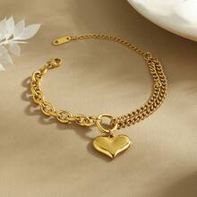 Pulsera con colgante de corazón grande chapado en oro de 18K, pulsera de cadena gruesa de doble capa de moda hip hop para mujer de acero inoxidable - Multicolor - Ver 3