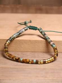 gxtbw 摩尔斯电码绿松石串珠手链 天然宝石 励志可调节男女通用波西米亚极简主义疗愈瑜伽冥想饰品 - 手鍊 - 查看 4