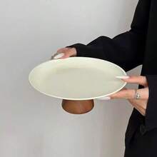 1pc High Stem Stainless Steel Serving Tray, Suitable For Dining Table, Restaurant, Kitchen, Party, Birthday - Wooden Stand, White Stainless Steel Tray - View 14