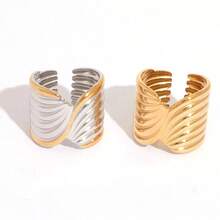 Frminee 2枚/1枚 粗款女士18K镀金不锈钢戒指，个性戒指饰品，防水可叠戴戒指 - 彩色 - 查看 8