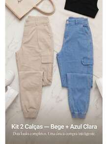 Stillger Moda Jeans Set Of 2 Cargo Jogger Jeans With Butt-Lifting Effect, High Waist, Premium Lycra - 米色和淺藍色 - 查看 4
