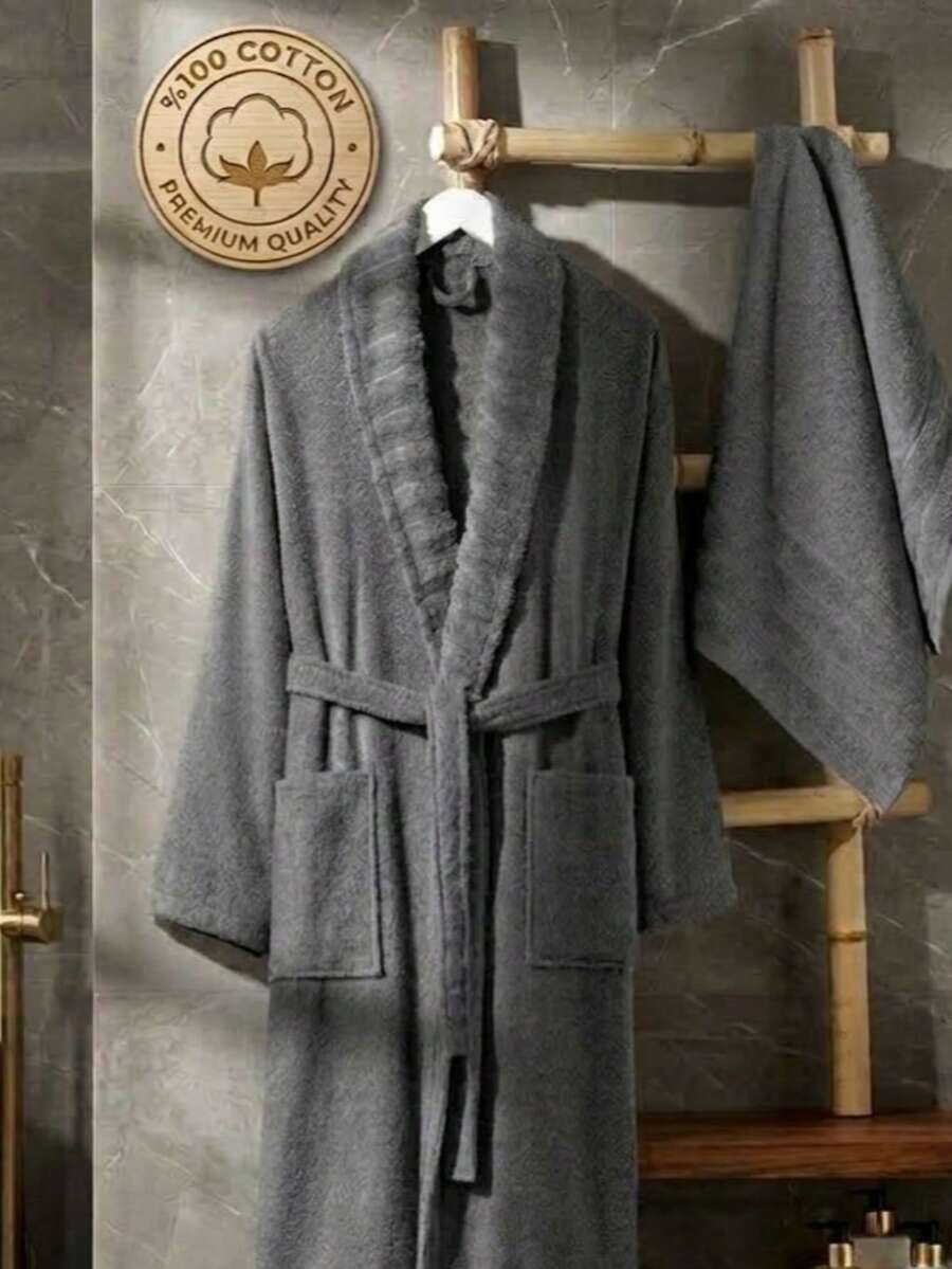 RASELA HOME - 70% Cotton 30% Polyester - Bathrobe And Towel Set (50*90 Towel), Made In Turkey - Dark Grey - View 1