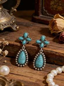 波西米亚风镶嵌花朵绿松石水滴合金耳环 - 銀色 - 查看 8
