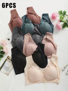 Sujetador cómodo inalámbrico con botones frontales de retazos de encaje para mujer de 6 piezas, sujetador moldeador sin aros de goma, soporte medio, encaje delicado, varios colores y varias piezas en un conjunto - Multicolor - Ver 7