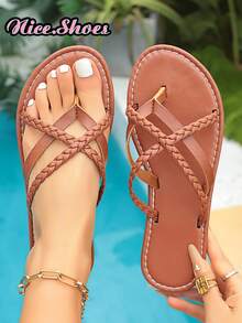 女士编织带交叉平底凉鞋，休闲沙滩拖鞋，舒适轻便人字拖，黑色、棕色、巧克力棕色、银色 - 棕色 - 查看 3