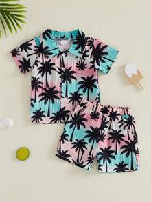 Toddler Baby Boy Hawaiian Outfits Summer Beach Coconut Tree/Palm Leaf Button Down Shirt And Shorts Vacation Clothes - 藍色 - 查看 1