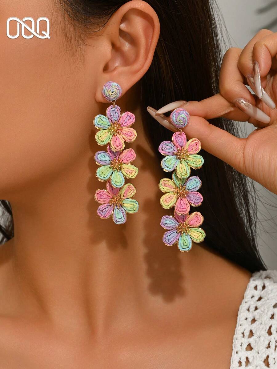 OOQ 一对手工编织拉菲草渐变色花朵耳环,波西米亚夏季风格,简约优雅的花朵流苏耳环,适合女性日常、度假、派对佩戴 - 混彩 - 查看 1