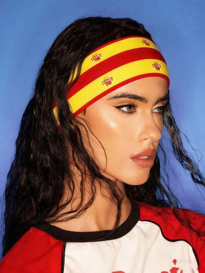 1条2026世界杯印花头带，女士弹性吸汗带，宽边印花运动头带，适合健身跑步，足球迷礼物，几何图案派对街头涤纶头带，四季皆宜