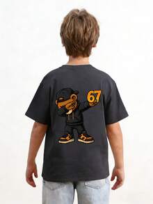 Tween Boy Casual Graphic Print Crew Neck Short Sleeve T-Shirt, Summer Top - Dark Grey - View 2