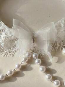 新娘吊袜带，配有可爱蝴蝶结、蕾丝和性感珍珠腿链，大腿吊袜带 - 白色 - 查看 2