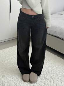 Petite Vintage Loose Fit Straight Leg Jeans, Black Relaxed Slimming Flare Pants - Black - View 4