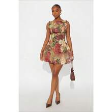 Elegant Temperament Commuting Style Party Street Ladies Oil Painting Style Printed Jacquard Round Neck Sleeveless Waist Cinching Dress For Slimming - 紅色 - 查看 4