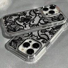 蕾絲極簡黑色合金時尚 TPU 1件裝黑色蕾絲花朵金屬框架 TPU 手機殼，適用於 Apple 17 16 15 14 13 12 11 XS XR X 8 7 Plus Pro Max 系列，個性化 INS 風格防護套，極簡商務防摔高端手機殼 春季禮物派對 - 多色3 - 查看 6