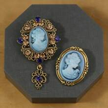 2 pezzi Set di spille vintage di lusso stile palazzo con testa di donna in rilievo, spilla vintage glamour per cappotto, maglione, tailleur, adatta per occasioni formali, feste, vacanze, regali - Blu - Visualizzare 4