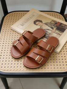 Women's Open Toe Double Strap Sandals, Vintage Minimalist Design Suitable For Beach Vacation, Adjustable Straps, Pair With Wide Leg Pants And Midi Skirts To Enhance Casual Chic Vibe - Brown - View 6