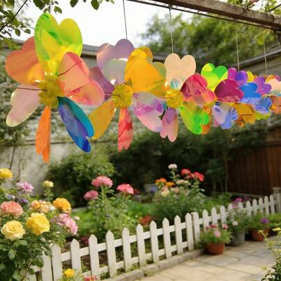 20pcs/Set Iridescent Pinwheels, 3D Rotating Spring Windmills, Colorful Gradient Hanging Decorations For Scenic Spots, Outdoor Garden, Plastic Solid Color Pinwheel String