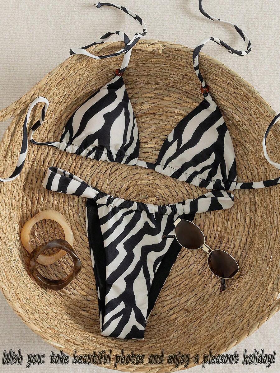 新款夏季女士沙滩装，斑马纹印花，性感可爱的露背系带设计，度假风比基尼套装，甜美优雅风格，2026年流行沙滩造型。 - 彩色 - 查看 1