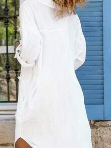 Đầm dài tay màu trơn thanh lịch phong cách Bohemian, chất liệu vải dệt, có túi và cúc, thích hợp mặc đi biển và hàng ngày, màu trắng cho mùa xuân/hè. - trắng - Xem 4