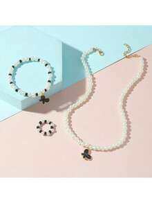 女孩蝴蝶珍珠首饰套装 3 件套 梦幻设计项链手链戒指耳环 可爱派对礼品 - 彩色 - 查看 4