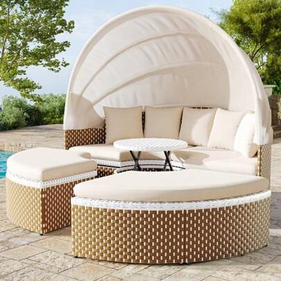 Garden Lounge Chair Set, Garden Island, Rattan Garden Table And Chairs Set, Shell-Shaped Garden Bed, Extendable Canopy, Lift-Top Table, Beige, Cushions And Seat Pads Included