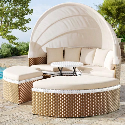 Garden Lounge Chair Set, Garden Island, Rattan Garden Table And Chairs Set, Shell-Shaped Garden Bed, Extendable Canopy, Lift-Top Table, Beige, Cushions And Seat Pads Included - C - View 1