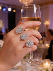 1pc Fashionable Geometric Round Two-Finger Ring, Fashionable And Personalized Rhinestone Ring, Bridal Wedding Ring, Banquet, Party Jewelry - Multicolor - View 2