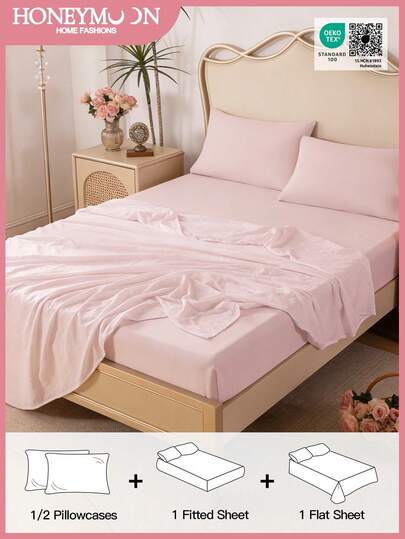 3 piezas/Set = 1 Sábana ajustable + 1 Sábana plana + 1 Funda de almohada, 4 piezas/Set = 1 Sábana ajustable + 1 Sábana plana + 2 Fundas de almohada, Colchoneta de franela de poliéster que se ajusta a bolsillos de 9-12 pulgadas de profundidad, resistente a la contracción, apta para tamaños T/F/Q/K para el hogar y dormitorio, certificado Oeko-Tex, color rosa claro