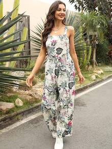 Bohemian Women's Loose Floral Bib Overall Jumpsuit With Pockets Patchwork Wide Leg Adjustable Strap Beach Vacation Outfits Summer - 白色 - 查看 4