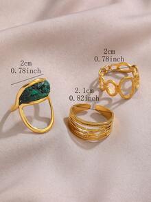 3pcs Stainless Steel Vintage Gold Open Ring Set, Inlaid With Blue Turquoise, Suitable For Women's Daily Wear Or Gift - Gold - View 5