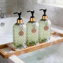 Shampoo And Conditioner Dispenser, Shower Soap Dispenser For Bathroom-Set Of 3 With Stylish Label-16.9 Oz, 500ml Refillable Shampoo And Conditioner Bottles Green - Green-gold-black Electroplated Aluminum Pump - View 4