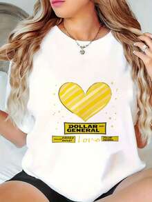 Women's Crew Neck Cotton T-Shirts With Graphic Print, Heart Dollar General Love Pattern Print, Oversized Casual Short Sleeve T-Shirts, Unisex Tops, Spring And Summer Fashion Women's Top T-Shirts. - 白色 - 查看 2