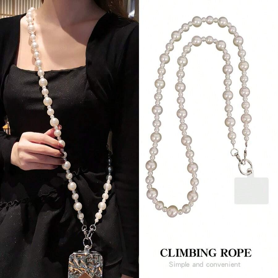 Luxury Pearl Phone Lanyard Cross-Body Style Large And Small Pearl Hanging Chain Neck Strap Women's Light Luxury Fashion Ins Back Rope Anti-Fall Spring Gift - White - View 1