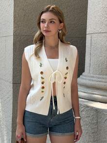 时尚刺绣无袖背心，百搭白色针织开衫，适合春夏穿着 - 白色 - 查看 3