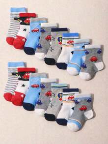 10双随机卡通汽车图案中筒袜，柔软透气，适合婴幼儿日常穿着。 - 彩色 - 查看 2