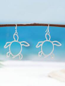 1 par de pendientes colgantes de tortuga marina hueca plateada para mujer - Pendientes de tortuga marina estilo océano de verano - Joyería bohemia de playa - Pendientes de tortuga calados de plata - Ver 2