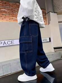 Quần jean denim ống đứng thời trang thường ngày dành cho bé trai tuổi teen - Xanh đậm - Xem 2