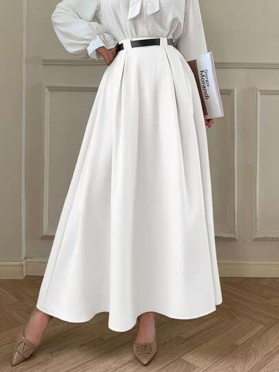 abyoxi Women's White Elegant High-Waisted Pleated A Line Midi Skirt, Fashion Simple, Casual Daily, Commute Office, Everyday Going Out, Graduation, Vacation, Spring Summer Fall Winter Half Skirt