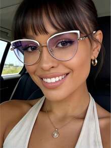 1pc Metal Round Cat Eye Frame Outdoor Photochromic Indoor Flexible Temples Fashion Glasses For Women - Black - View 4