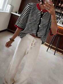 Nuevo suéter de mujer a rayas blancas y negras para primavera/verano 2026, adecuado para el Día de San Valentín y días festivos - Blanco y Negro - Ver 9